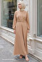 Double Breasted Collar Chain Belted Camel Dress - 3