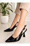 Women's Black Patent Leather Pointed Toe Heeled Shoes Open Back Stylish Classic Stiletto - 3
