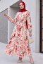 Hakim Collar Half Buttoned Mixed Patterned Polycotton Dress with Elastic Sleeves - Pomegranate Flower - 4