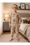 Boy's Cotton Piece Fabric Beige Color Monkey Caterpillar Lion Patterned Sleeper Band Long Sleeve Transitional Pajamas