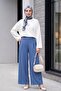 Elastic Waist Wide Leg Pleated Linen Look Trousers -Indigo - 4