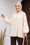 Lace-Up Collar, Buttoned, Lined, Embroidered Oversize Linen Tunic - Yellow