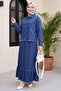 Shirt Collar, Double Pockets, Buttoned Hem, Tasseled Denim Suit -Indigo