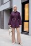 Poplin Tunic with Buckle Belt, Double Cuff Sleeves, and Hidden Buttons - Plum - 3