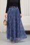 Elastic Waist Belted Lined Patterned Tulle Skirt -Indigo - 5