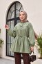 Stone Buttoned Shirt with Elasticized Sleeves and Tie Detail - Water Green
