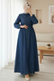 Denim Dress with Elasticated Cuffs, Button-Down Front, and Double Pockets - Indigo