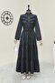Half Buttoned Front Ruffled Piece Denim Dress - Anthracite