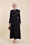 Stone Embroidered Belted Crepe Dress -Black - 3