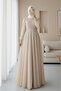 Lined Tulle Evening Dress with Stone Detail on the Front - Beige