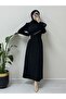 Stone Embroidered Belted Crepe Dress -Black - 4