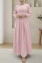 Ruched Front, Elastic-Cuff, Zippered Poplin Dress - Pink