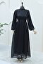 Shimmering Fabric Balloon Sleeve Dress with Gathered Shoulders - Black
