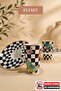 Turkish Coffee Cup Set, Snap-On Checkerboard Pattern, Butterfly Detail, Matte Gold Edged, 2 Person, 4 Pieces