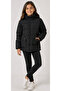 Girl's Black Coat with Detachable Hood, Zipper Closure, Drawstring Waist, Plush Lining Inside - 2