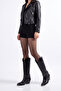 Black Matte Leather Metal Toe Cap Below Knee Staple Belt Detail Western Cowboy Boots - 6
