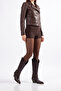 Bitter Brown Matte Leather Metal Toe Cap Below the Knee Staple Belt Detail Western Cowboy Boots - 6