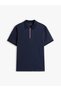 Men's Regular Fit Pure Cotton with Flag Logo Embroidered on the Sleeve Half Zipper Navy Blue Polo Collar T-Shi - 4