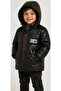 Boy's We Are Written Hooded Lined Glossy Black Color Coat - 2