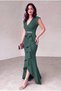 Women's Scuba Crepe Fabric Double-Breasted Collar Skirt Flounce Belt Stone Emerald Evening Dress Graduation Wedding Dress - 3