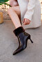 Women's Brown Patent Leather Plush Ankle Heel Boots - 4