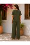Women's Khaki Asymmetrical Buttoned Short-Sleeved Blouse with Wide-Legged Trousers Linen Textured Two-Piece Set - 4