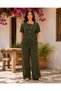 Women's Khaki Asymmetrical Buttoned Short-Sleeved Blouse with Wide-Legged Trousers Linen Textured Two-Piece Set