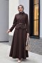 Diagonal Suit with Front Zipper Pocket Detail and Belted Skirt - Brown