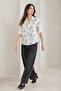 Women's White Floral Patterned Stylish Sleeve Fold Linen Shirt