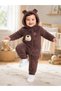 Sweet Teddy Bear Embroidered Welsoft Plush Hooded Zippered Winter Unisex Baby Romper - 3
