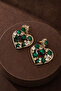 Green Stoned Heart Dangle Evening Dress Earrings