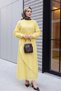 Double Layered Waist-Tied Brooch-Lined Linen Look Dress - Yellow - 3