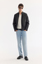 Men's Black Stand Collar Zippered Leather Look Thin Coat B 006005 - 6