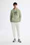 Men's Mint Green Hooded Cotton Printed Elastane Regular Fit Sweatshirt A42Y1321 - 5