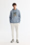 Men's Light Blue Hooded Cotton Printed Elastane Regular Fit Sweatshirt A42Y1321 - 5