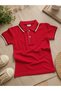 Special Production Short Sleeves Red Color Collar and Sleeves Navy Blue Beige Striped School T-Shirt Excellent Quality