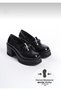 Chonora Women's Black Patent Leather Chain Detailed Thick Sole Heeled Loafer - 2