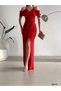 Women's Red, Shoulder Detailed Belted Front Slit Detailed Imported Crepe Fabric Evening Dress Engagement Prom Dress - 4