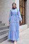 Ruffled Skirt Dress with Lace Ribbon Detail -Blue - 4