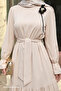 Beige Dress with Flower Brooch Detail Belted - 2