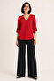 Women's Burgundy V-Neck Blouse – Comfortable Fit, Stylish Blouse with Foldable Sleeves - - 3