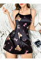Black Thin Strap Teddy Bear Patterned Satin Mini Nightdress