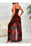 Special Design Black Lace Embroidered Red Rose Patterned Slit Nightgown - 4