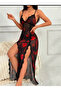 Special Design Black Lace Embroidered Red Rose Patterned Slit Nightgown - 3