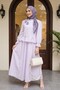 Rose Brooch, Elastic Sleeves, Patterned Lined Skirt, Voile Suit -Lilac - 3