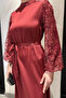 Satin Evening Dress with Laced Sleeves and Waist Belt - 3