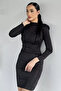 Women's High Collar Shoulder Padded Stoned Lycra Evening Dress