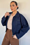 Women's Oversize Jean Jacket with Front Zipper and Elastic Waist - 3
