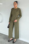 Gülseli Women's Pleated Belted Blouse and Elastic Waist Pants Two-Piece Set - 3