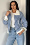 Women's Belt Detailed Double Pocket Jean Jacket with Fur Inside